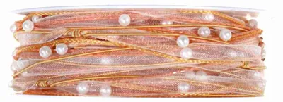 Produktbild von 15m Dekoband Schleifenband Geschenkband Organza Perlen Schnur Kordel Perlenkordel, Farbe:aprikot