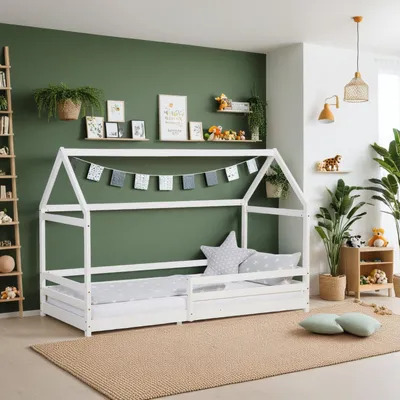 A child's bedroom with a white house-shaped bed, decorated with a garland and pillows.