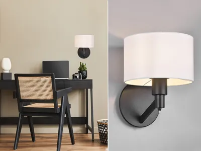 Produktbild von Designklassiker LED Wandleuchte Schwarz mit Schalter & Stoffschirm - Bettleuchte