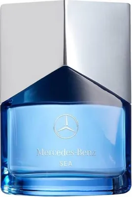 A close-up studio shot of a Mercedes-Benz Sea Eau de Parfum bottle.