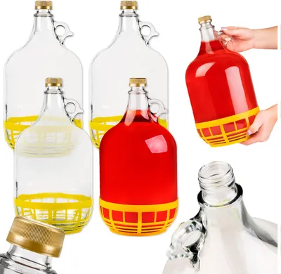 Zdjęcie produktu dla SuperButelki - Zestaw 4x GĄSIOR 5L balon, dama, butelka na wino w koszyku + 4x zakrętki, komplet butli
