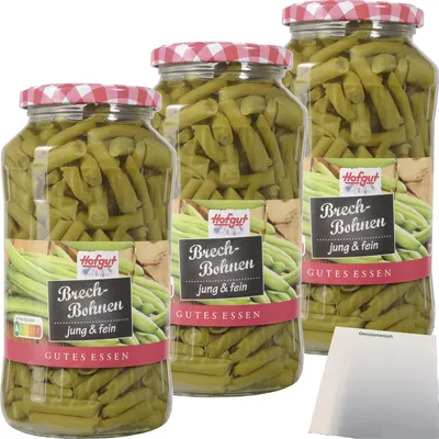 Produktbild von Hofgut Feine Brechbohnen 3er Pack (3x720ml Glas) + usy Block