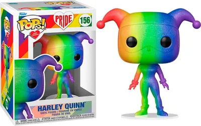 A Funko Pop! vinyl figure of Harley Quinn in a rainbow color scheme, displayed next to its packaging.