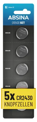 Produktbild von ABSINA CR2430 Knopfzelle 5er Pack - CR 2430 3V Knopfzellen auslaufsicher & lange Haltbarkeit - Knopfbatterie CR2430