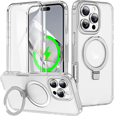 A clear protective phone case with a ring holder and MagSafe compatibility, shown from multiple angles.