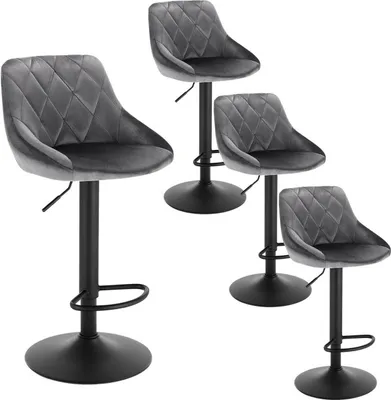 Produktbild von WOLTU Barhocker 4er Set, Barstuhl, Gute gepolsterte Sitzfläche aus Samt, Höhenverstellbar, 360° Drehbar, Dunkelgrau