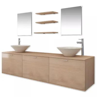 Produktbild von vidaXL 10-tlg. Badmöbel-Set mit Waschbecken und Wasserhahn Beige