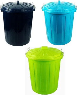 Three trash cans of different colors arranged in a collage.