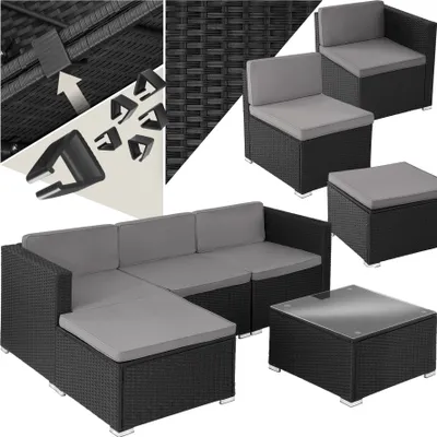 A collage of images showing a modular rattan lounge set with grey cushions, including individual seating modules, an ottoman, and a coffee table, along with close-ups of assembly clips and the rattan weave pattern.