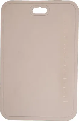 A plain, light gray cutting board with a hanging hole at the top.