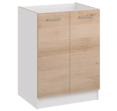 A kitchen base cabinet with two doors.