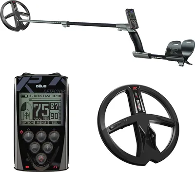 A metal detector and its components are displayed against a white background.