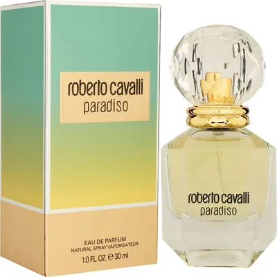 A bottle of Roberto Cavalli Paradiso Eau De Parfum and its packaging are displayed side-by-side against a white background.