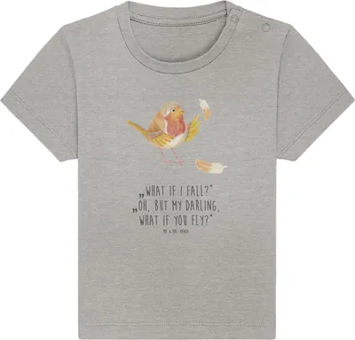 Produktbild von Mr. & Mrs. Panda Babyshirt Rotkehlchen Federn 6. - 12. Monat - Heather Grey - Geschenk, Vogel, Spruch Mut, fliegen, Lustige Sprüche, Motivation,  T-Shirt, Kinder, Baby