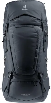 A black Deuter hiking backpack is shown against a white background.