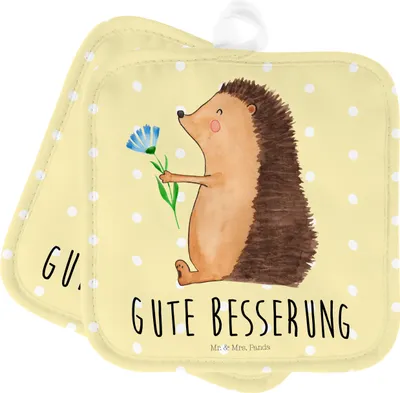 Produktbild von Mr. & Mrs. Panda Topflappen Igel Blumen - Gelb Pastell - Geschenk, Gute Besserung, Genesungswünsche, Lustige Sprüche, krank, Krankheit, Set, Kochlappen, Ofenlappen