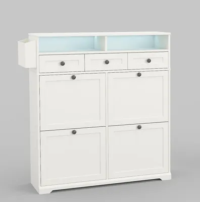 Produktbild von Schuhschrank schmal 96x24.5x111 cm Weiß mit 4 Klappen, LED-Beleuchtung, verstellbaren Trennwänden und Kippsicherheit – Stauraum für 16–24 Paar Schuhe