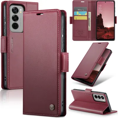 Produktbild von Lederhülle für Oppo Reno12 Brieftasche Kartenfach Schutzhülle mit Standfunktion Rot