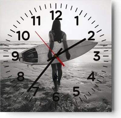 Produktbild von Wanduhr - Quadrat - Glasuhr - Frau Strand Surfen - 30x30cm - Schleichendes Uhrwerk - Lautlos - zum Aufhängen bereit - Dekoration Modern - Wanddekoration aus Glas - C4AC30x30-5036
