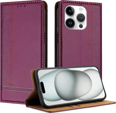 Produktbild von Handyhülle für iPhone 15 Pro Leder Flip Klappbare Schutzhülle mit Standfunktion Lila