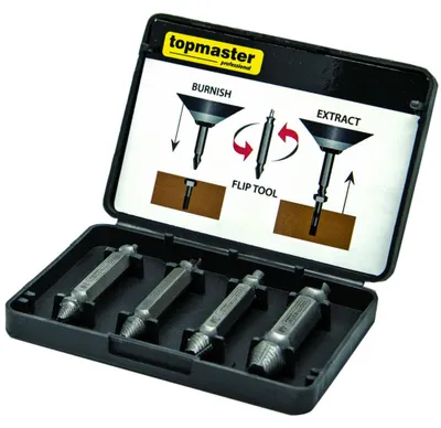 Immagine prodotto di Set 4 estrattori per rimozione viti e bulloni danneggiati , kit attrezzi di rimozione con doppia punta per trapano, estrattori, in lega di acciaio, Topmaster