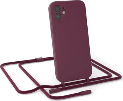 A maroon iPhone case with a lanyard is shown against a white background.
