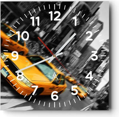 Produktbild von Wanduhr - Quadrat - Glasuhr - Amerika taxi stadt - 40x40cm - Schleichendes Uhrwerk - Lautlos - zum Aufhängen bereit - Dekoration Modern - Wanddekoration aus Glas - C4AC40x40-2178