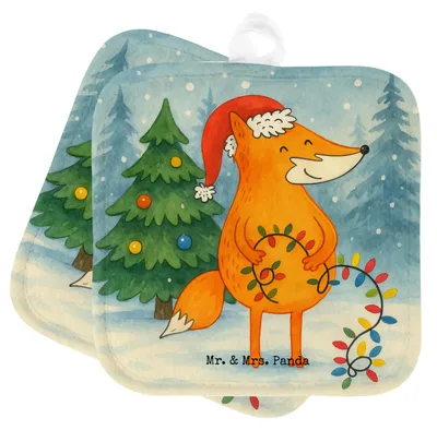 Produktbild von Mr. & Mrs. Panda Topfuntersetzer Fuchs Weihnachten Design - Weiß - Geschenk, Ofenlappen, Nikolaus, Topflappen, Set, topfhalter, Füchse, Heiligabend, Winter, Topflappenset