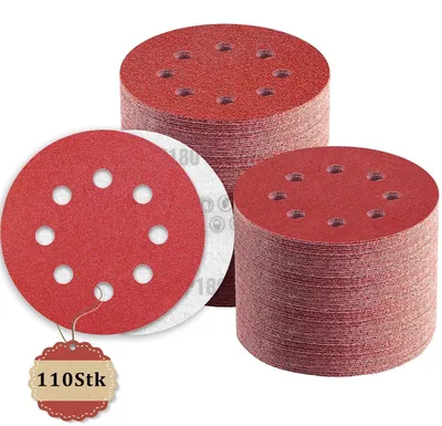 Obrázek produktu pro Brusný papír, 110 kusů, 125 mm, suchý zip, zrnitost 180, 8 děr, pro excentrické brusky