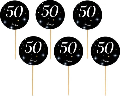Produktbild von Topper zum 50. Geburtstag, schwarzer Hintergrund, weiße Schrift, 6 Stück.