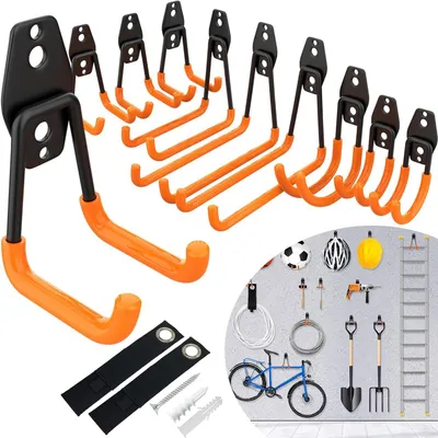 Produktbild von 12er Set Wandhaken für Garage, Schwerlast Doppelhaken, Platzsparende Aufbewahrung für Werkzeuge, Fahrräder, Sportausrüstung