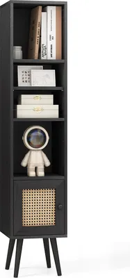 Produktbild von Bücherregal, schmaler Beistellschrank mit 4 Ebenen & Tür, Standregal für Wohnzimmer & Homeoffice,  29,5 x 29,5 x 137 cm (Schwarz)