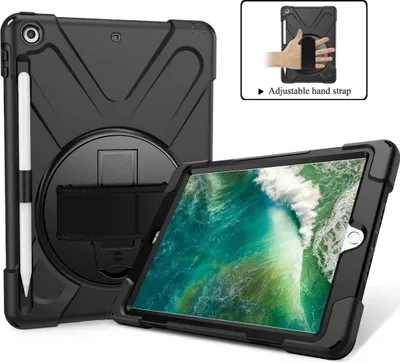 Produktbild von Mobigear SureGrip XGuard iPad 6 (2018) Hülle Kunststoff,Silikon Backcover + Stifthalter + Schulterträger + Ständer - Schwarz