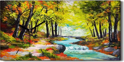 Produktbild von Wanduhr Bürouhr Leinwand Bild Quarz 60x30 Malerei Landschaft Fluss im Herbstwald - schwarze Hände