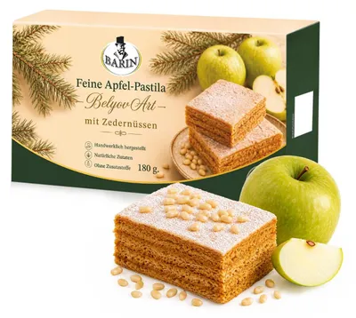 Produktbild von BARIN Apfel-Pastila mit Zedernüssen nach Belyov Art, 180g Traditionelle Fruchtsüßspeise aus 98% gebackenem Apfelpüree, ohne Zuckerzusatz