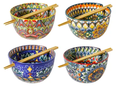 Produktbild von Set aus 4 Keramik-Ramen-Suppenschalen mit Essstäbchen