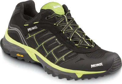 A single black and lime green hiking shoe shown from a diagonal angle on a white background.