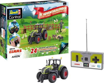 A product box for a Revell Control RC Advent Calendar featuring a Claas Axion 960 tractor, along with a separate image of the remote control and a small tractor model.