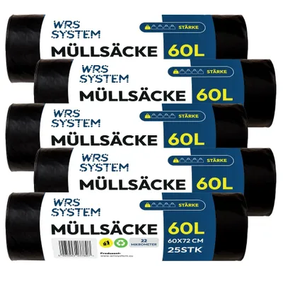 Produktbild von WRS System 5er Set Universal Müllsäcke 60L 5x25 Stk. Hochleistungs-Müllbeutel Mülltüte Abfallbeutel