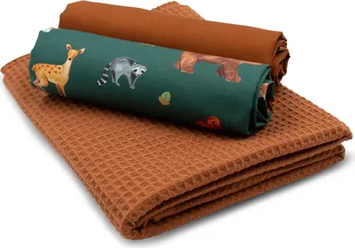 Image de Lot de tissu gaufré 1 x tissu gaufré + 2 x tissu en coton imprimé et uni (0,5 m x 1,5 m chacun) Lot de tissus pour projet DIY « Animaux de la forêt » n° 72