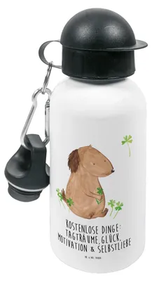 Produktbild von Mr. & Mrs. Panda Trinkflasche Hund Kleeblatt - Weiß - Geschenk, Achtsamkeit, Sportflasche, Kindergarten, Wasserflasche, Kinder, Gratis, Hundemotiv, Motivation, Glück