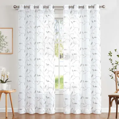 Productafbeelding van Gordijn voile gordijnen met oogjes H225xB140 - Set van 2 - Grijs op wit