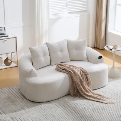 Produktbild von okwish Sofa Chenille Zweisitzer inklusive drei Zierkissen Geschwungene Form Extra Tiefer Sitz Taschenfederkern Komfort Für Wohnzimmer Beige