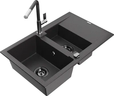 Produktbild von Mexen Gaspar 1,5-Becken-Granitspüle mit Abtropffläche und Mischbatterie Flora, Schwarz gesprenkelt - 6507-76-670401-08-B