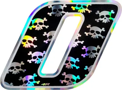 Zdjęcie produktu dla Naklejka z numerem wyścigowym na motocykl "0" czaszka 100 x 130 mm