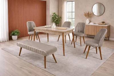 Immagine prodotto di Tavolo da pranzo con 4 sedie e una panca, stile moderno, colore marrone, forma quadrata