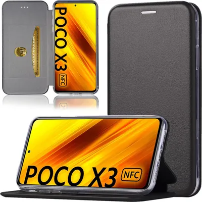A collage of images showing a black flip phone case for a Xiaomi Poco X3 phone, with the phone inside and its screen displaying a colorful wallpaper. One image shows the inside of the case with a card slot.