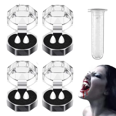 Imagen del producto de 4 pares de colmillos de vampiro para Halloween, con pegamento, ideales para disfraces y decoración de fiestas