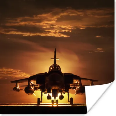 Produktbild von MuchoWow® Poster Die Silhouette eines Kampfjets bei Sonnenuntergang 50x50 cm - Wohnzimmerdekoration