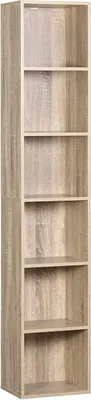 A tall, narrow, light oak bookshelf with six shelves.